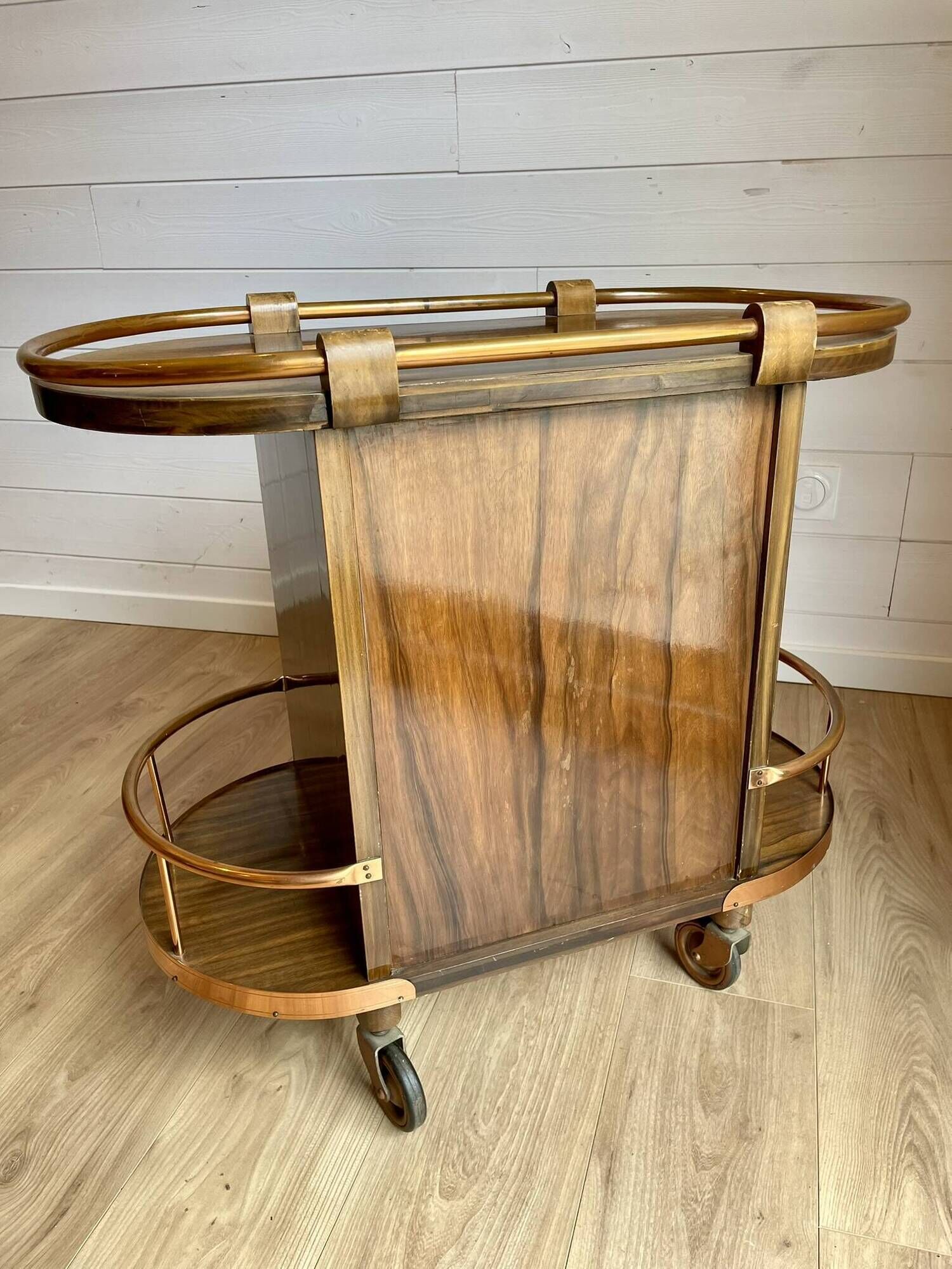 Bar cart / Vintage Art Deco service trolley – Wood and copper