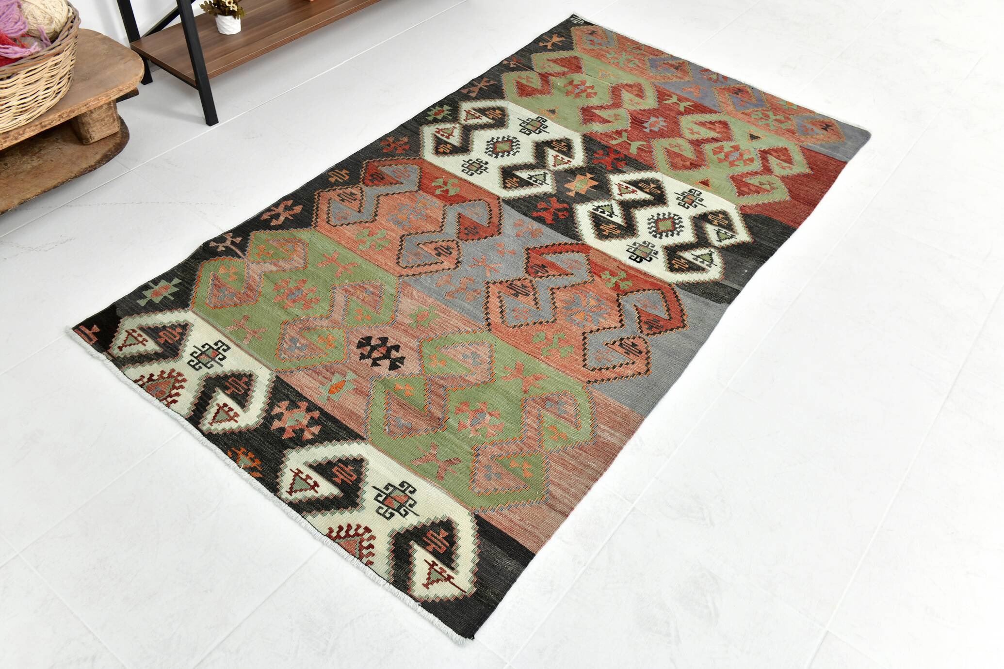 Red Blue Geometric Kilim Rug 112x207Cm SK 35319
