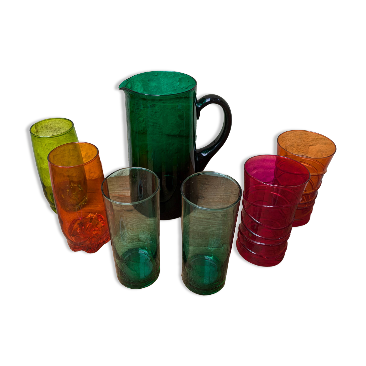 Mismatched colored glass orangeade set with pitcher and 6 glasses