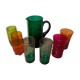 Mismatched colored glass orangeade set with pitcher and 6 glasses