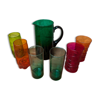 Mismatched colored glass orangeade set with pitcher and 6 glasses
