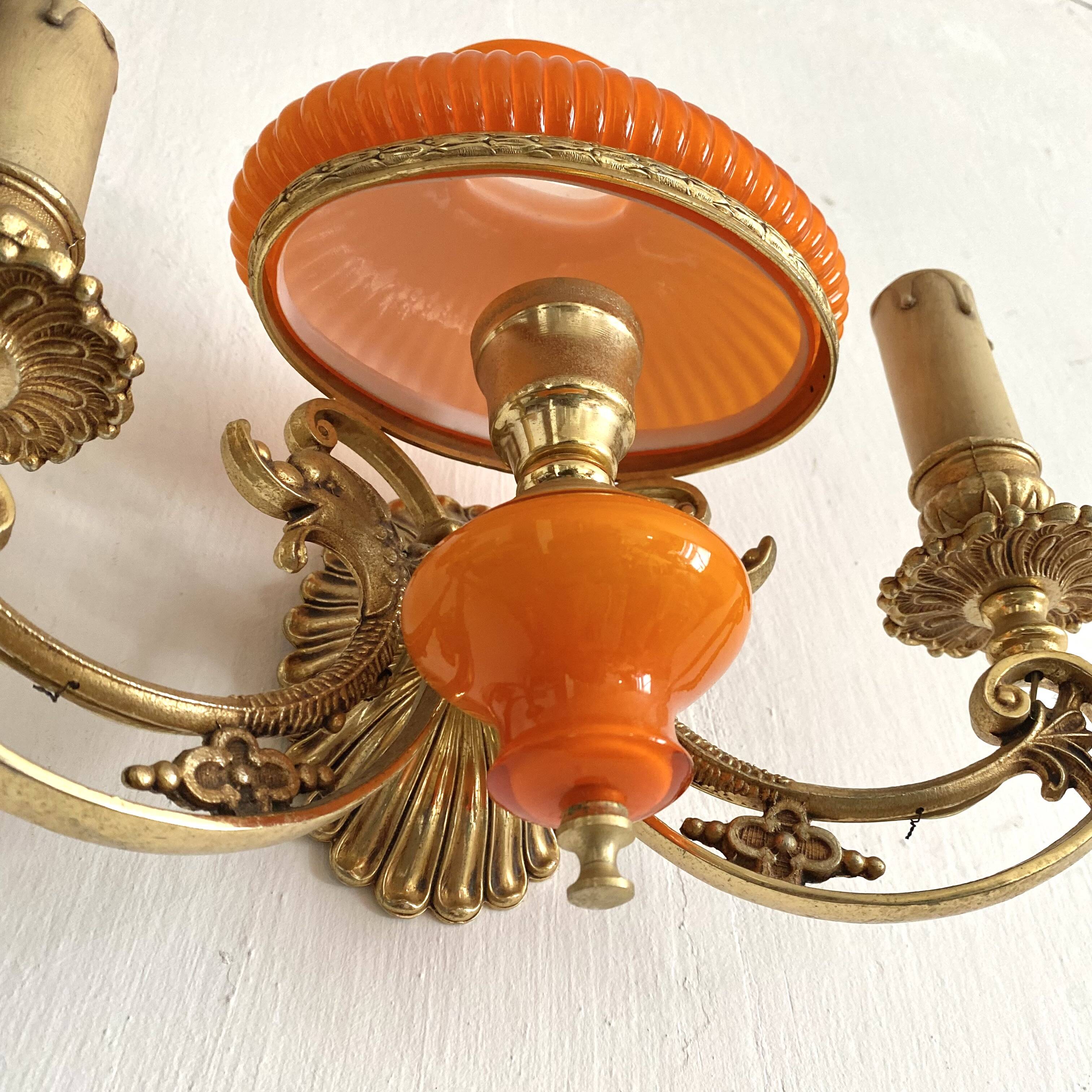 Double wall light in brass and orange opaline, 1960s.