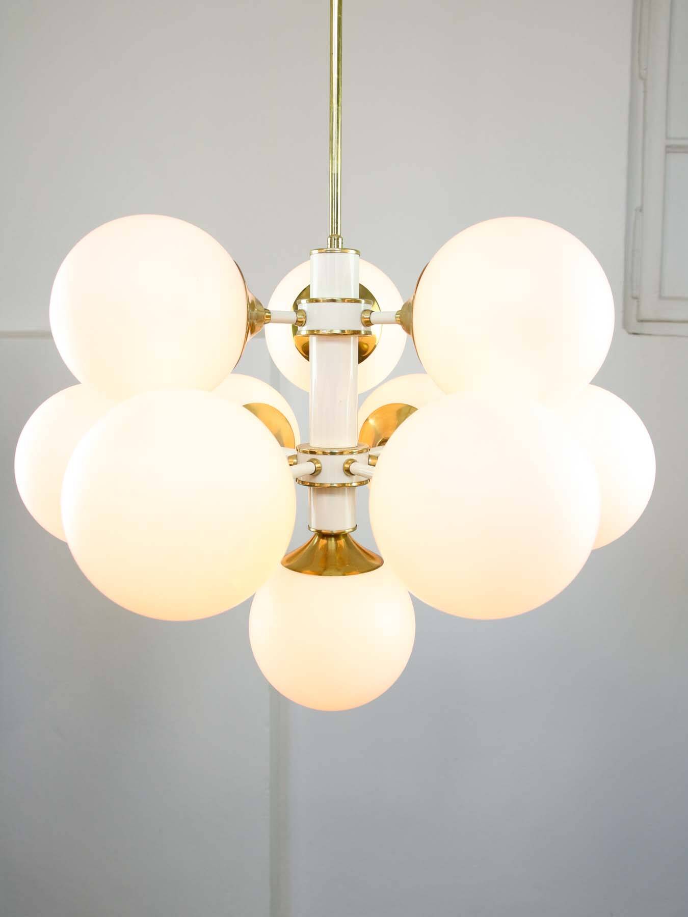 Vintage Italian Brass and Opaline 10 Arm Sputnik Chandelier, 1970s