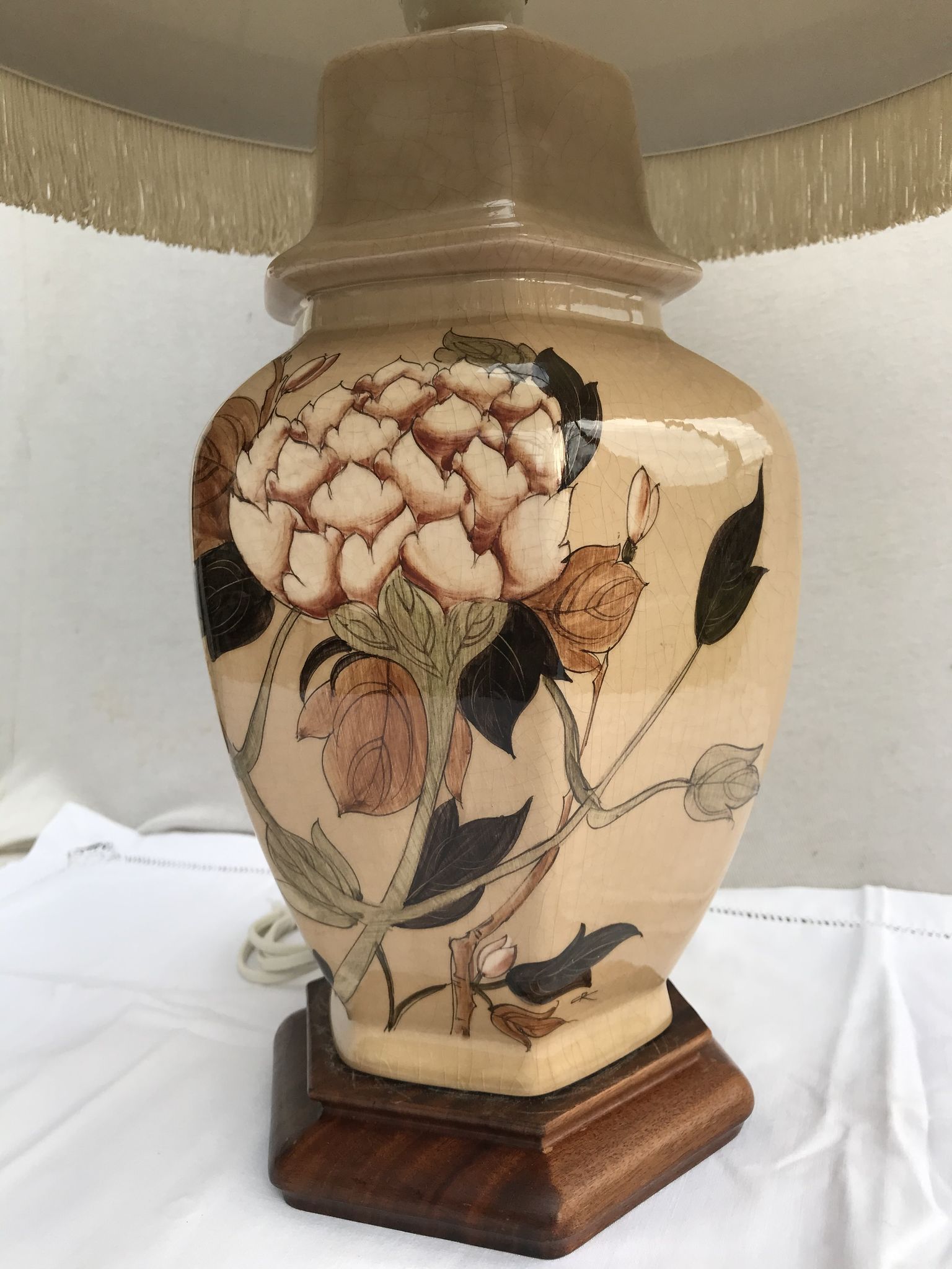 Former ceramic potiche lamp base wood - abat-day vintage beige fabric