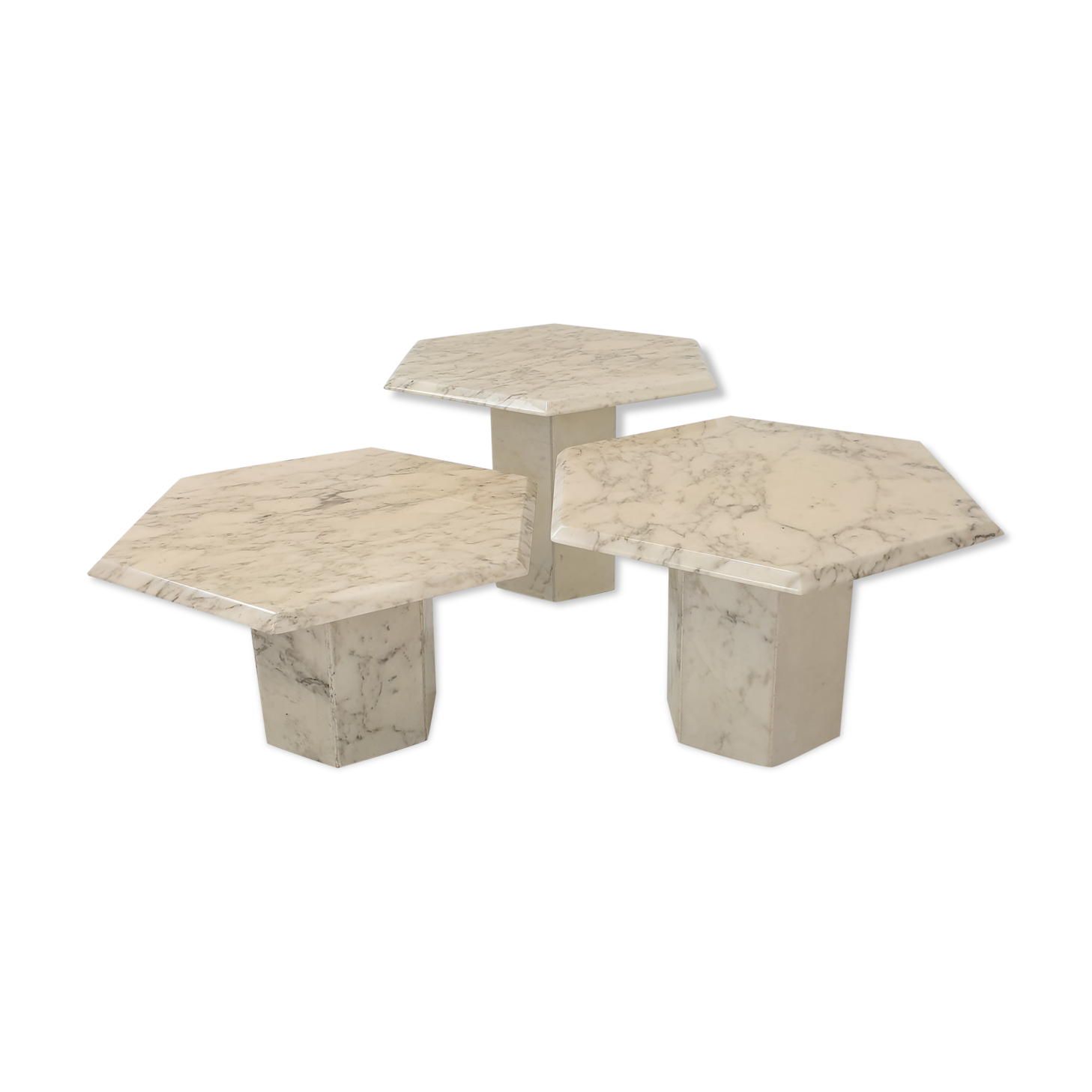 Set of 3 Italian Carrera Marble Side Tables, 1980s