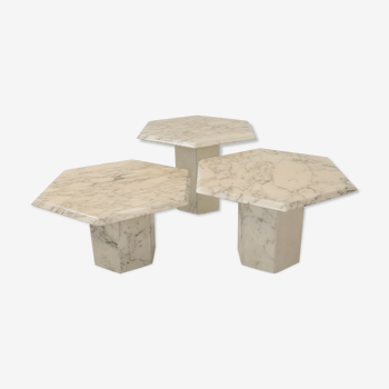 Set of 3 Italian Carrera Marble Side Tables, 1980s