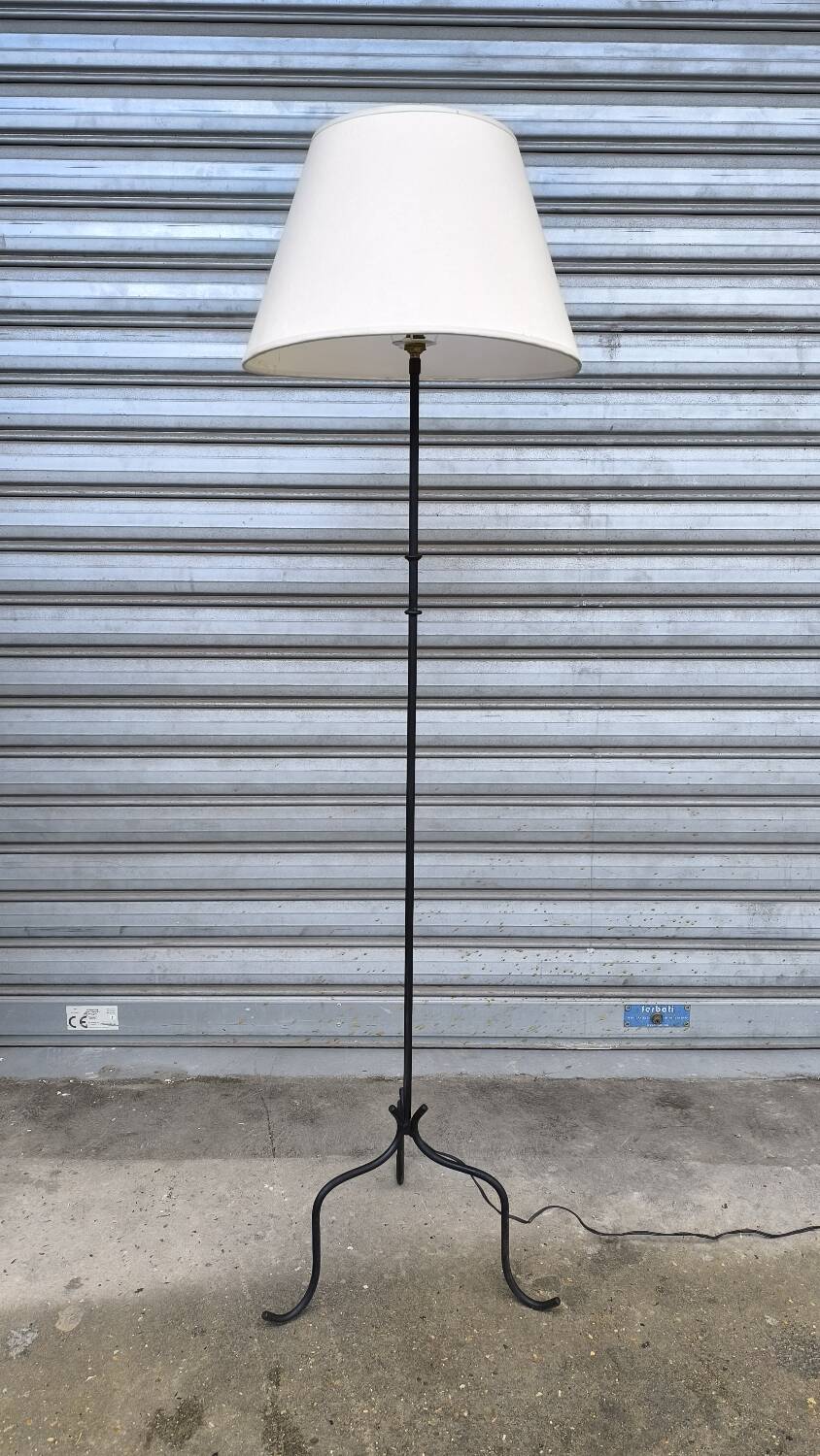 1950s wrought iron tripod floor lamp