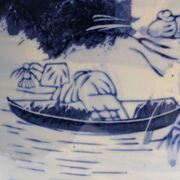 Porte-parapluies en porcelaine bleue et blanche, décor de paysage, années 1970-1990