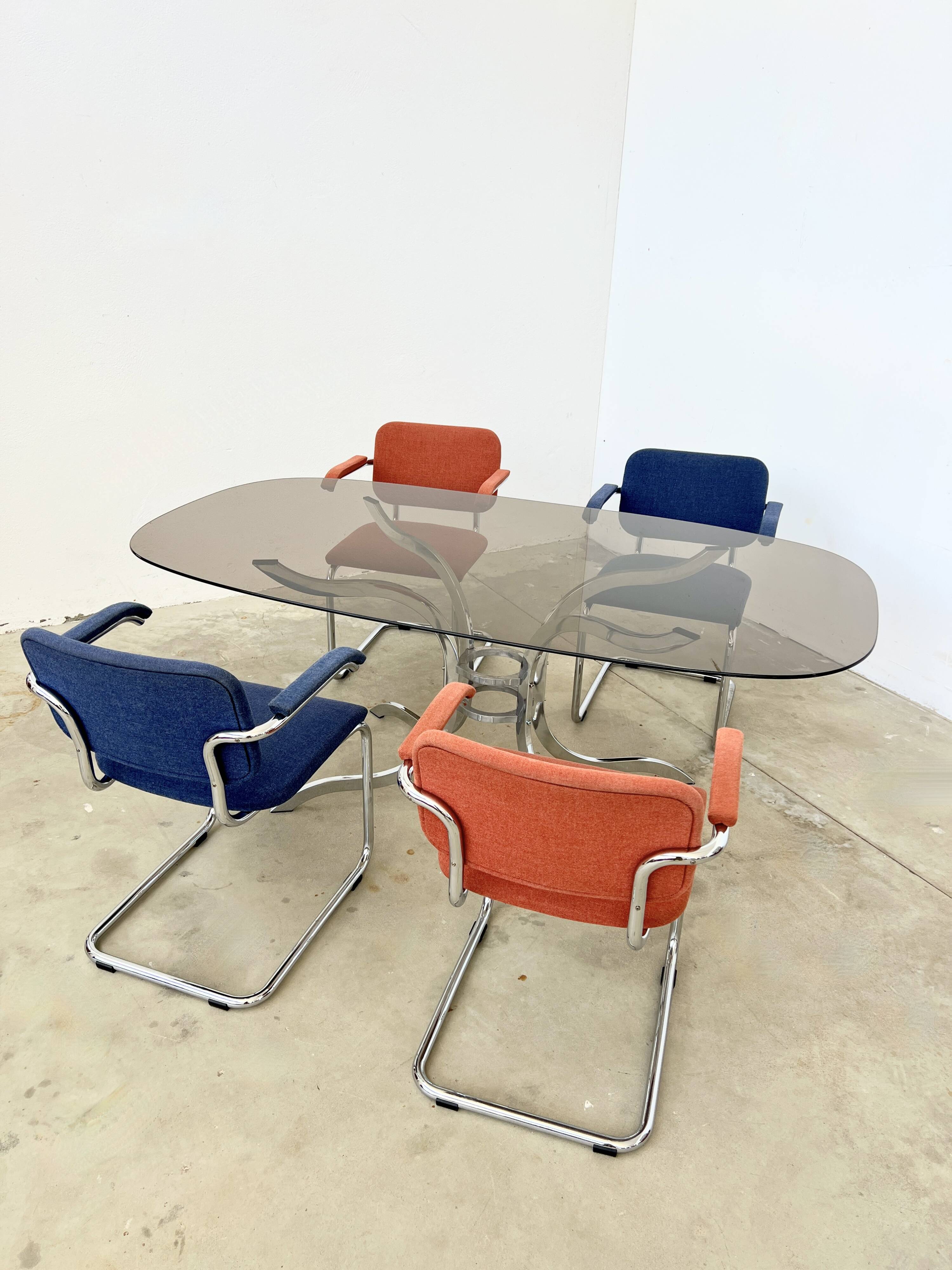 Oval smoked glass and chrome dining table, 1970s