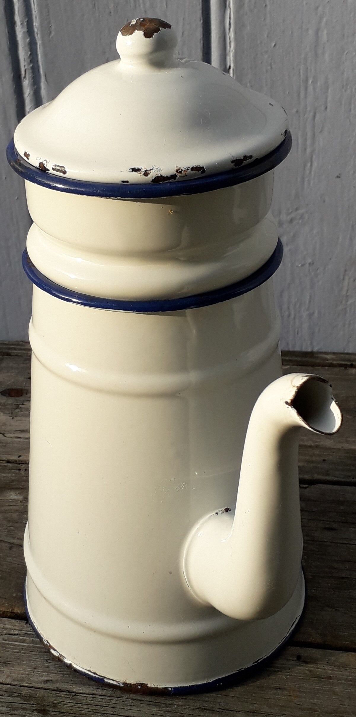 White and blue enamelled coffee maker