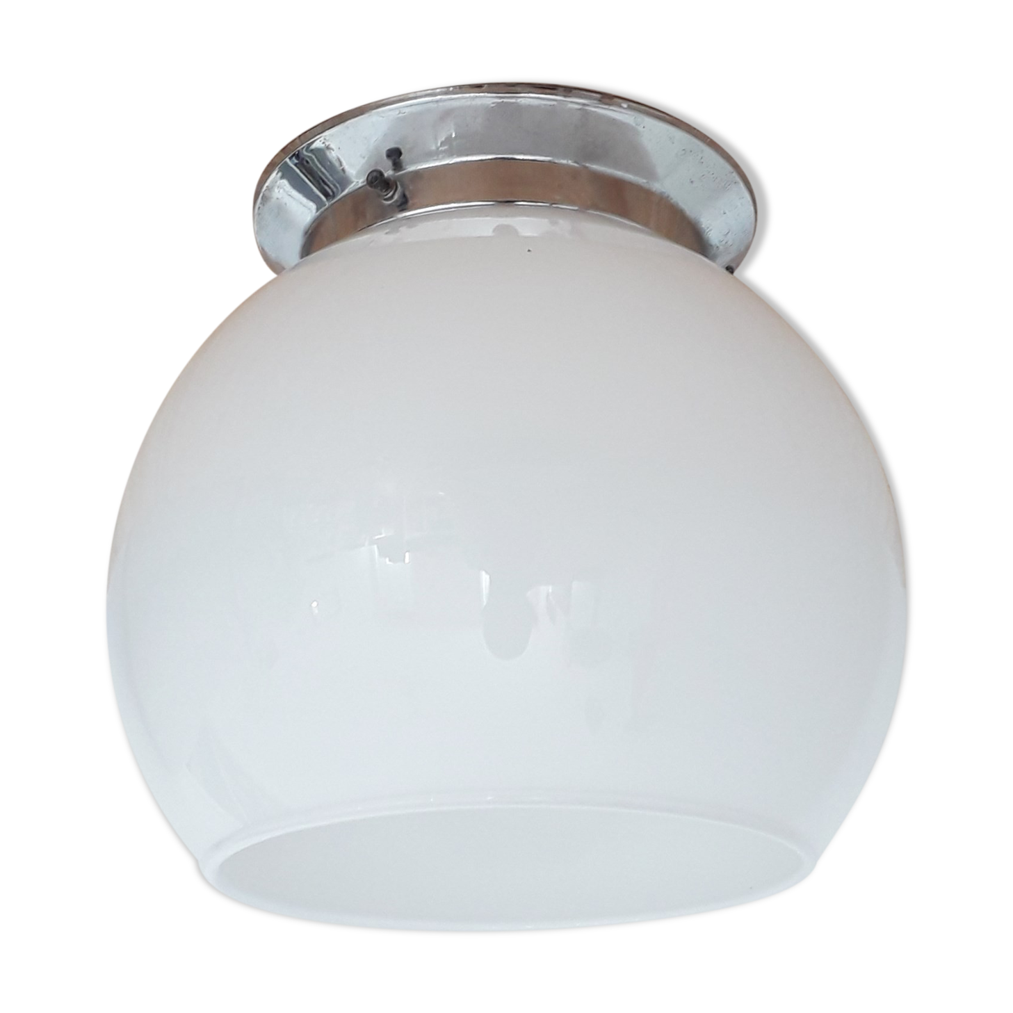 Old bistro ceiling lamp - semi-spherical globe in white opaline - 1950