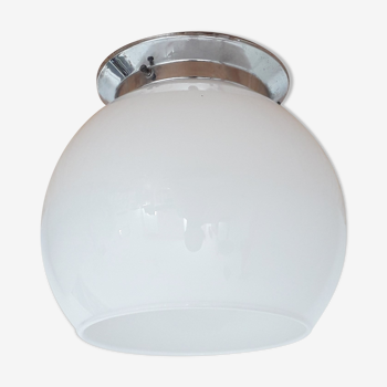 Old bistro ceiling lamp - semi-spherical globe in white opaline - 1950