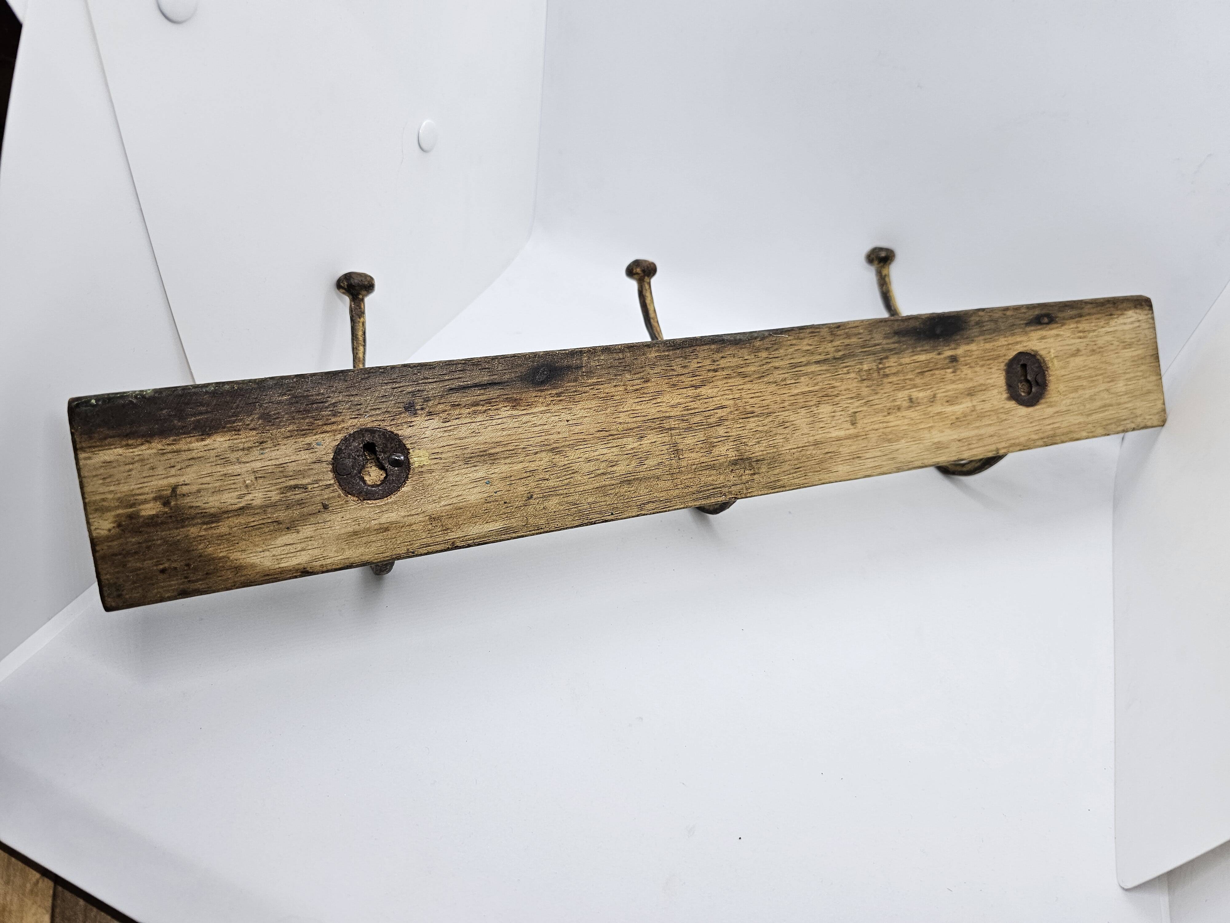 Solid teak coat hook with 3 double cast iron hooks