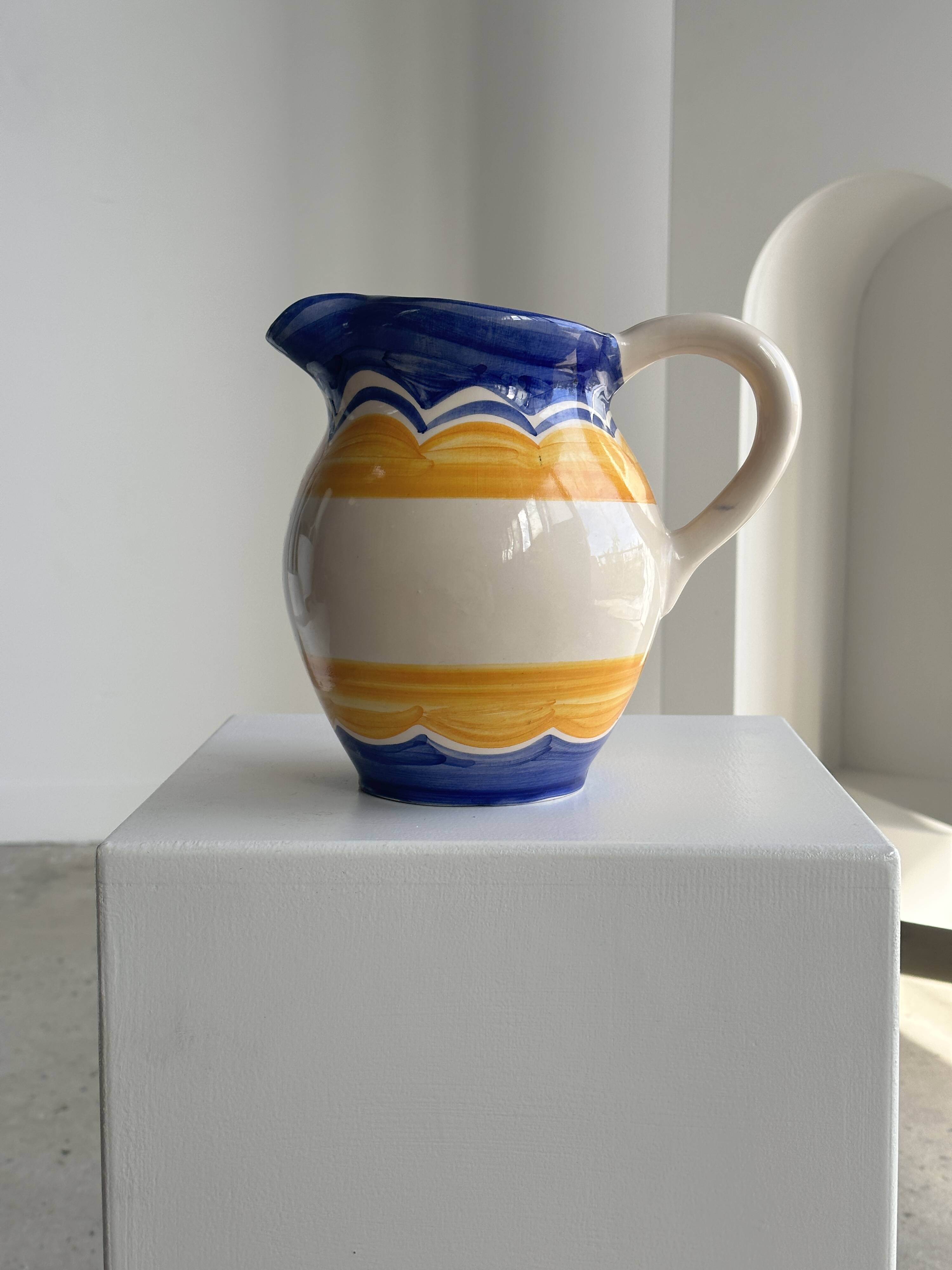 Large blue and yellow hand painted carafe H:20cm