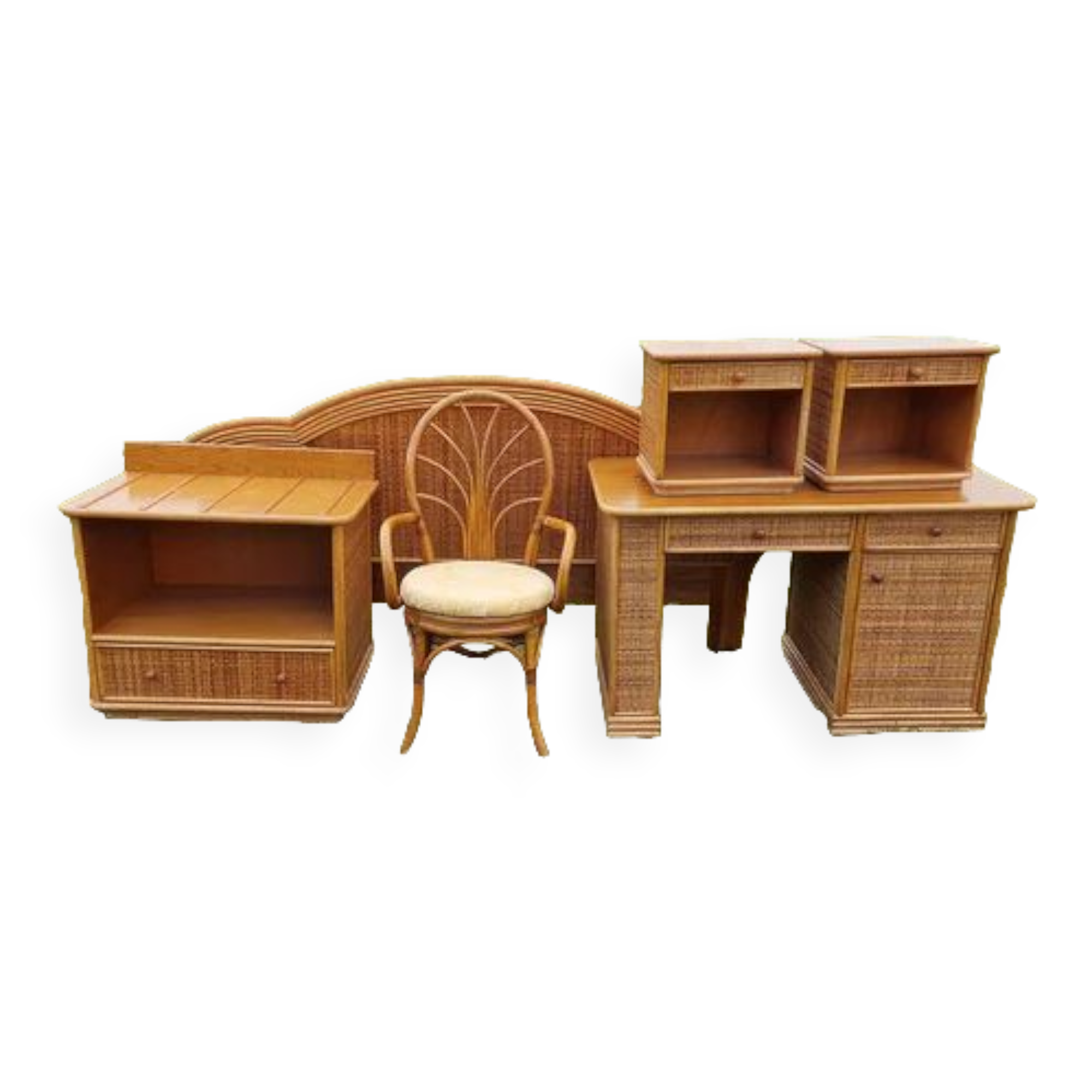 Rattan room, desk, suitcase door, headboard, 2 bedside tables, a chair