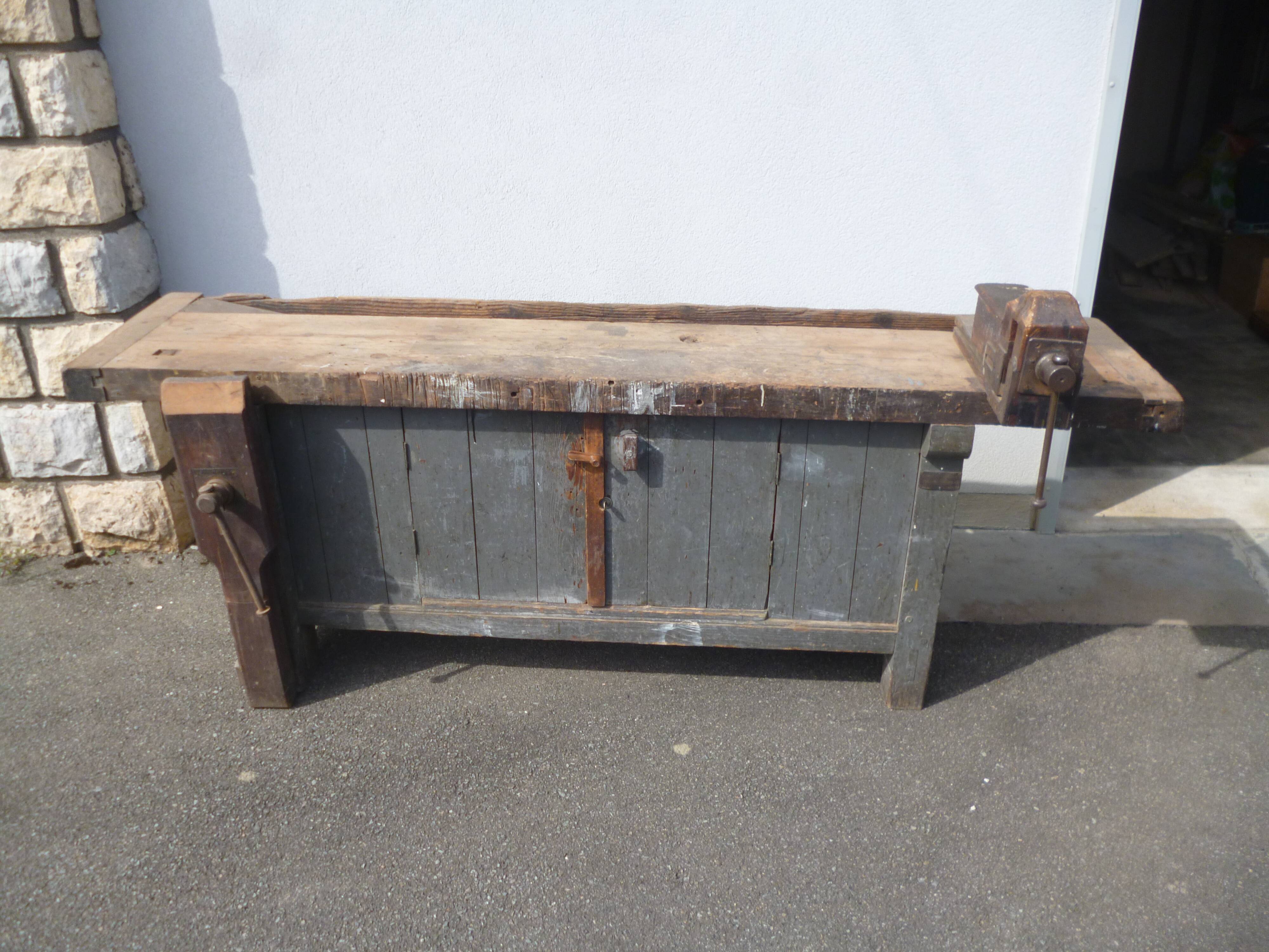 Peugeot brand old green patina wooden workbench