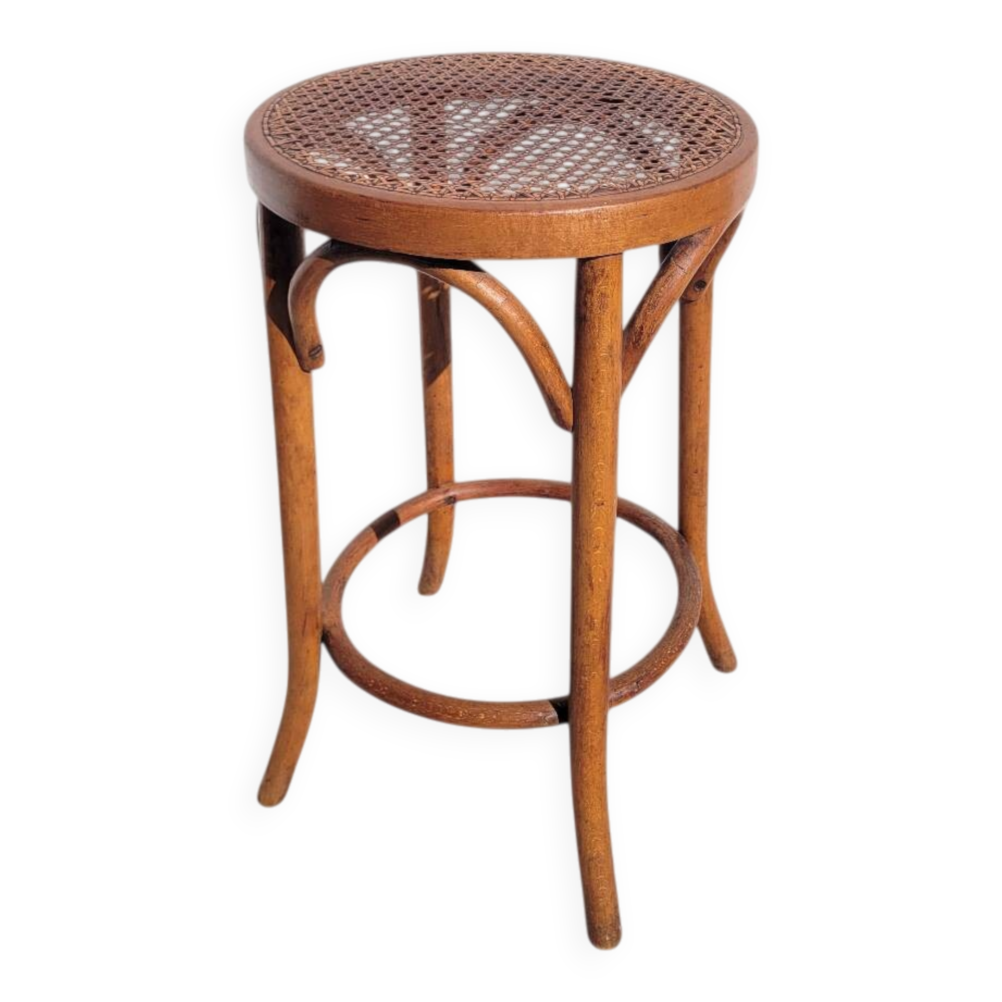 Old low caned bistro stool