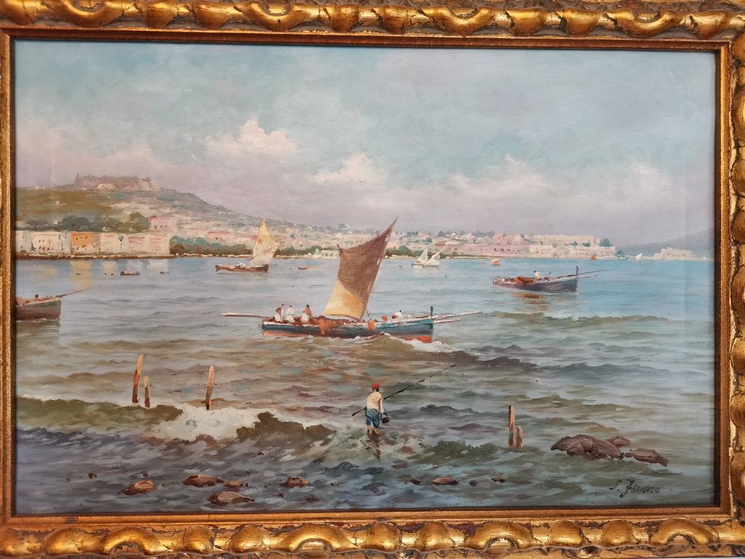 Marine oil painting of sailboats in a jumo bay