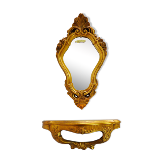 Console et miroir vintage en résine doré à la feuille style Louis XV.  Année 70