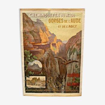 Affiche originale chemin de fer du midi gorges de l'aude,galamus, e.demonbé