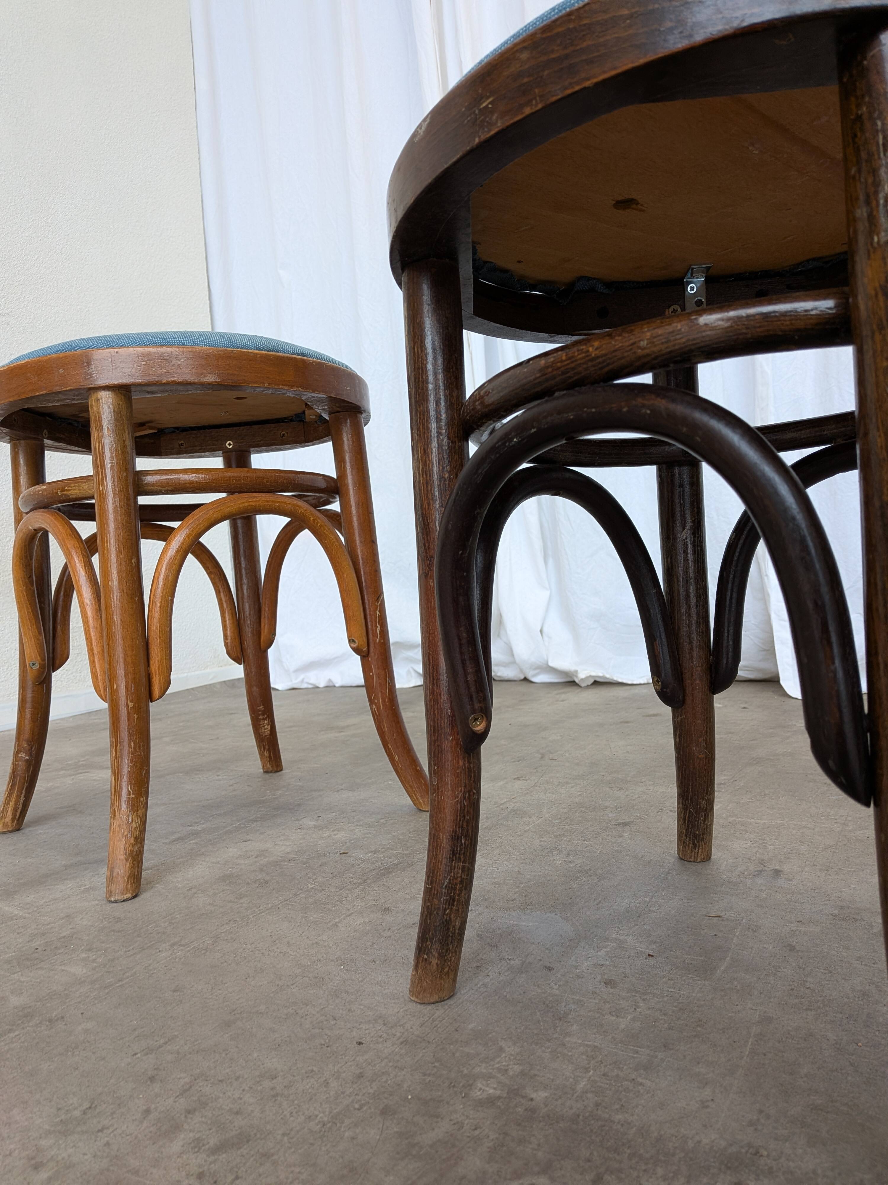 Pair of Vintage Bentwood Stools / Thonet Style / Upholstered Seat in Blue