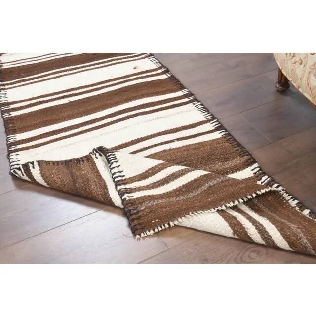 Vintage Turkish Oushak Handmade Cotton Beige Wool Runner Rug 71x275