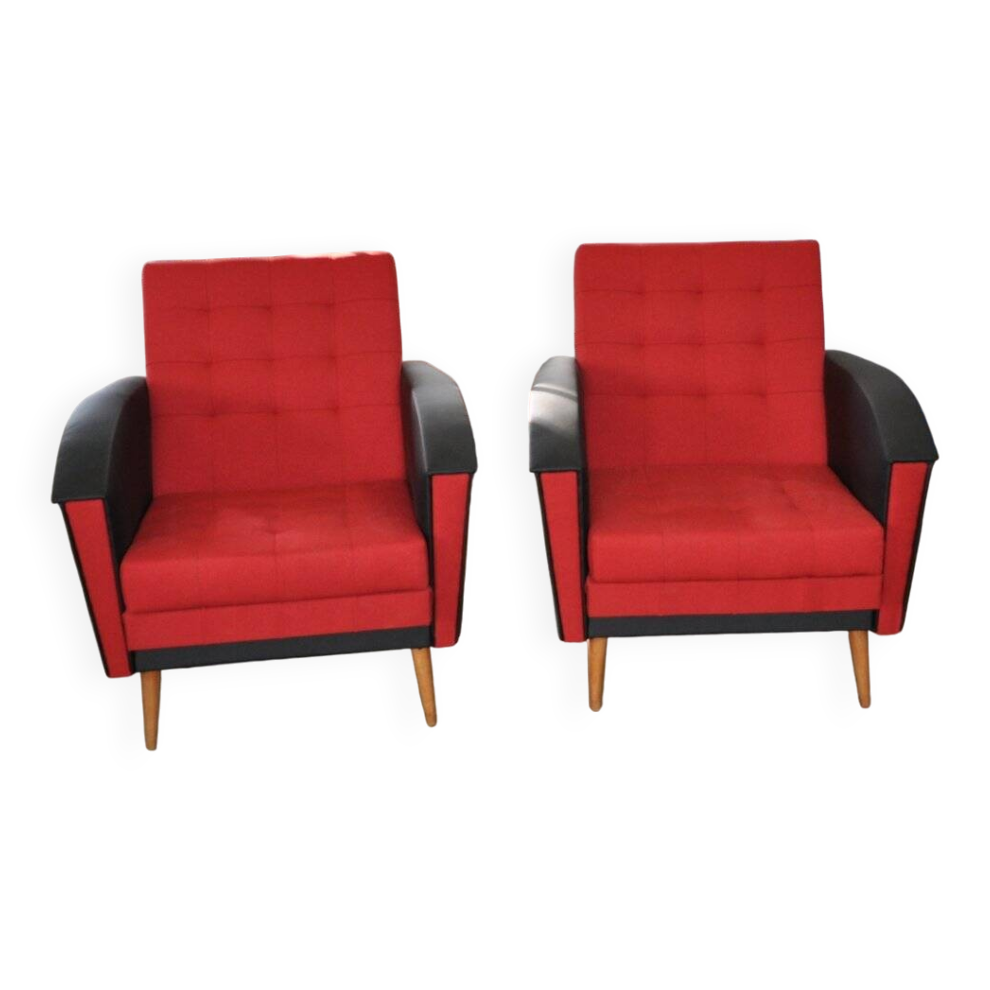 Pair of vintage red fabric armchairs with light wood legs from the 1960s.