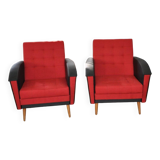 Pair of vintage red fabric armchairs with light wood legs from the 1960s.