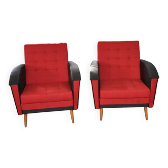 Pair of vintage red fabric armchairs with light wood legs from the 1960s.