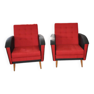 Pair of vintage red fabric armchairs with light wood legs from the 1960s.