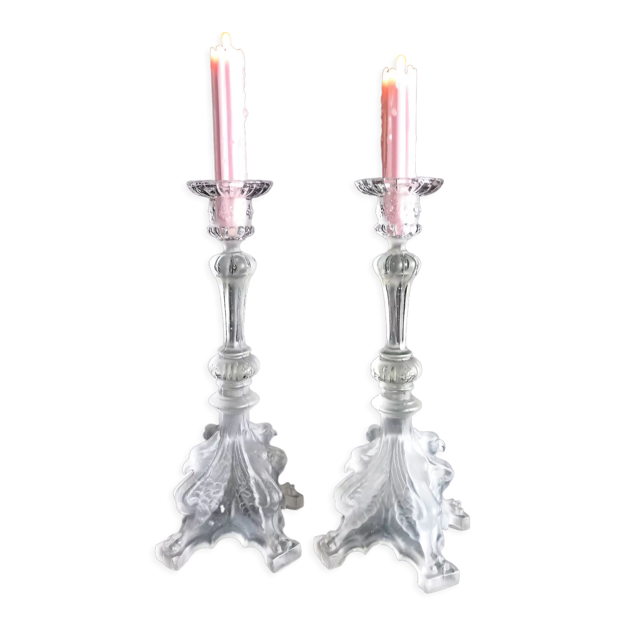 Pair of pressed molded glass candlesticks from Val St Lambert model Griffon