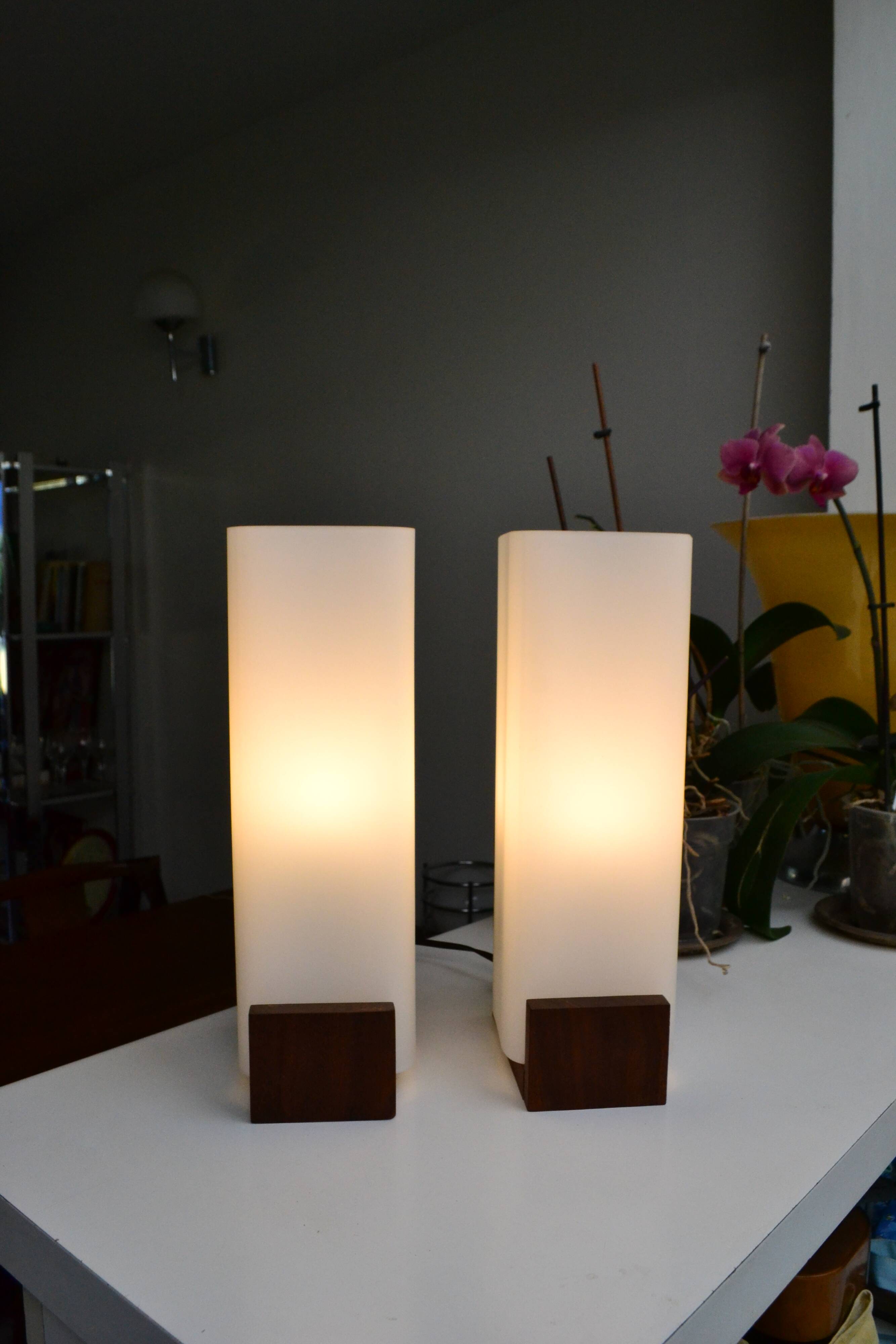 Pair of Louis Kalff opaline and teak wall lights from the 1950s/60s