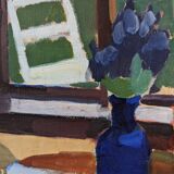 « Window Seat » moderne du milieu du siècle, peinture à l’huile intérieure figurative suédoise, encadrée