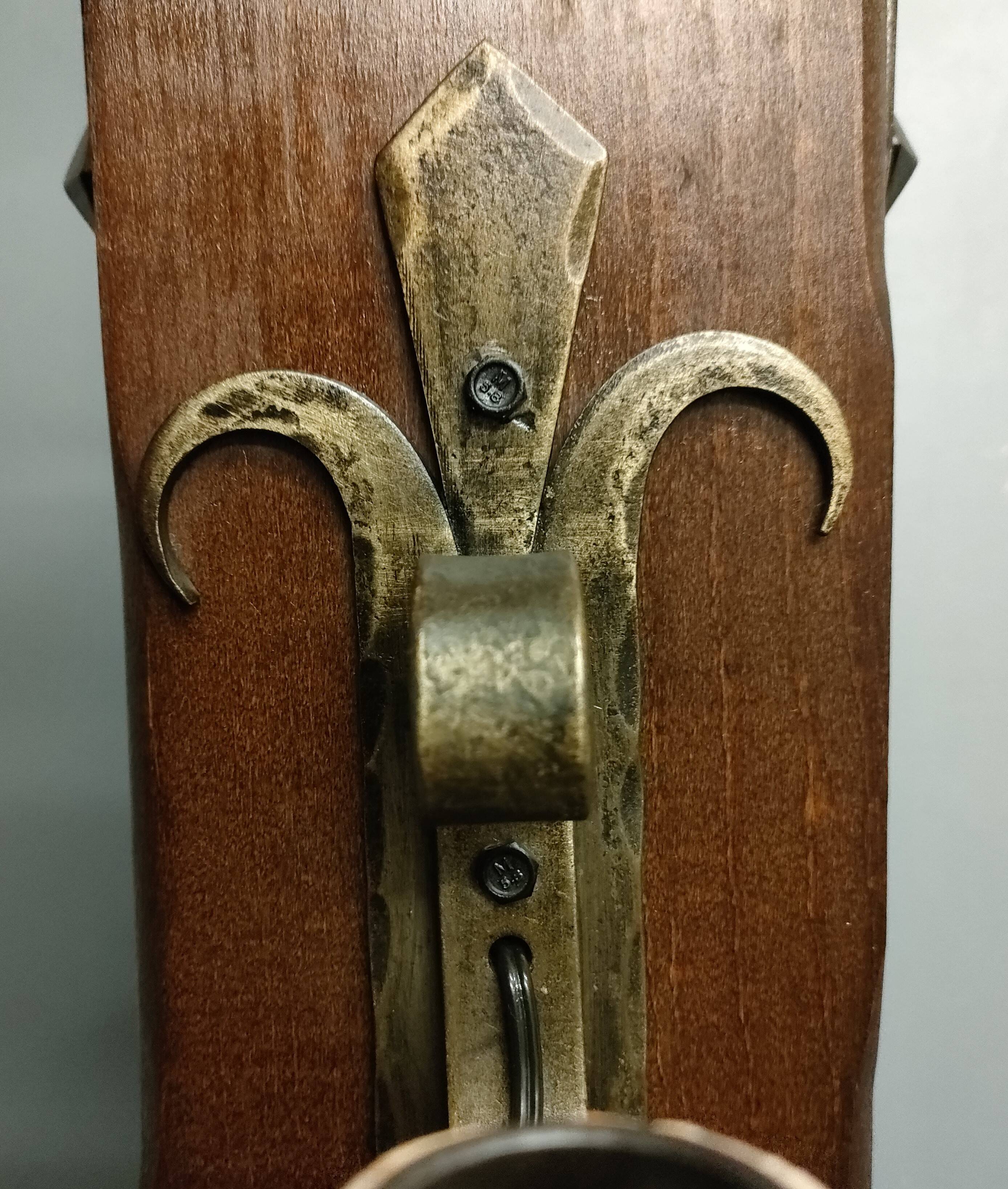 Medieval 2-light chandelier ~ hammered and patinated wrought iron ~ oak ~ 60s ~ France