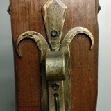 Medieval 2-light chandelier ~ hammered and patinated wrought iron ~ oak ~ 60s ~ France