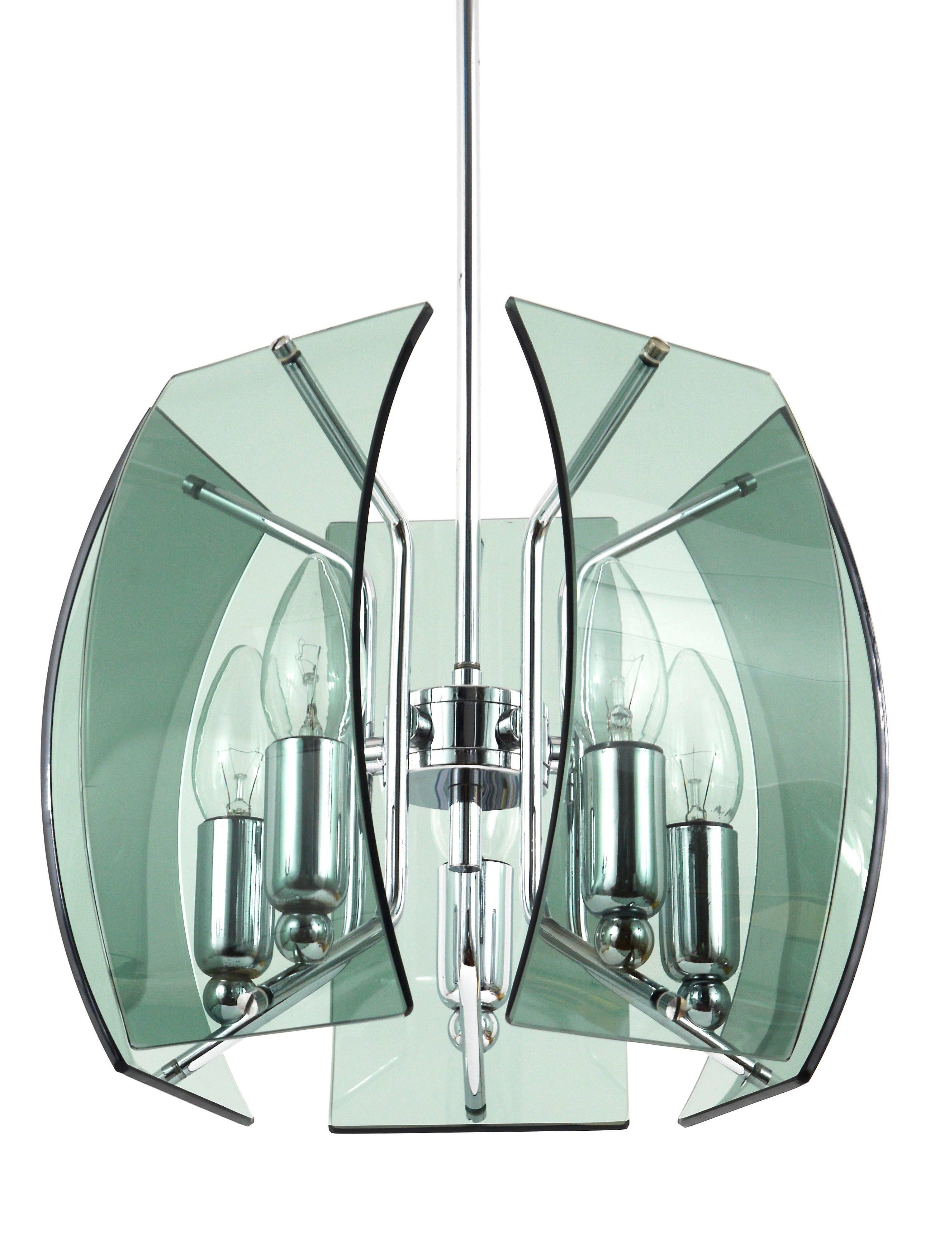 Glass and chrome chandelier in the Fontana Arte style, mid-century, Italy, 1960s.