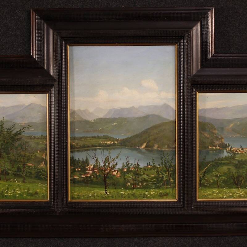 Triptyque de peintures vue du lac de Lugano, 20e siècle