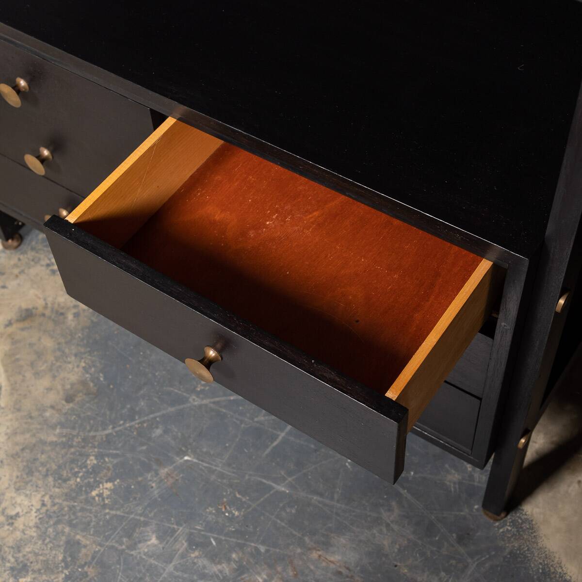 Striking 20thc italian ebonised etageres with open back & storage c.1970