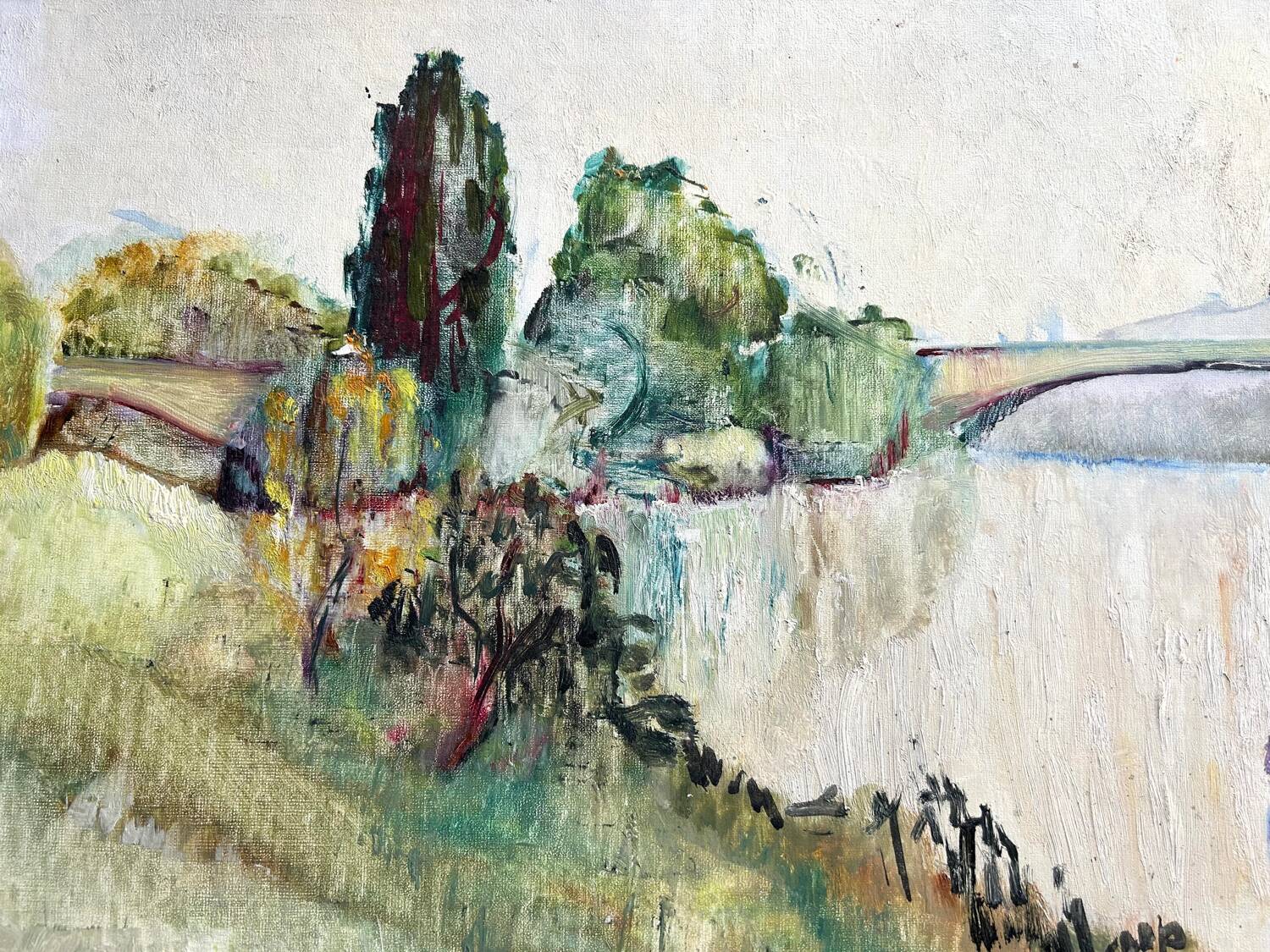 Pont sur Seine vers Marly, Huile sur Panneau, M. Tassart. Vers 1955. K