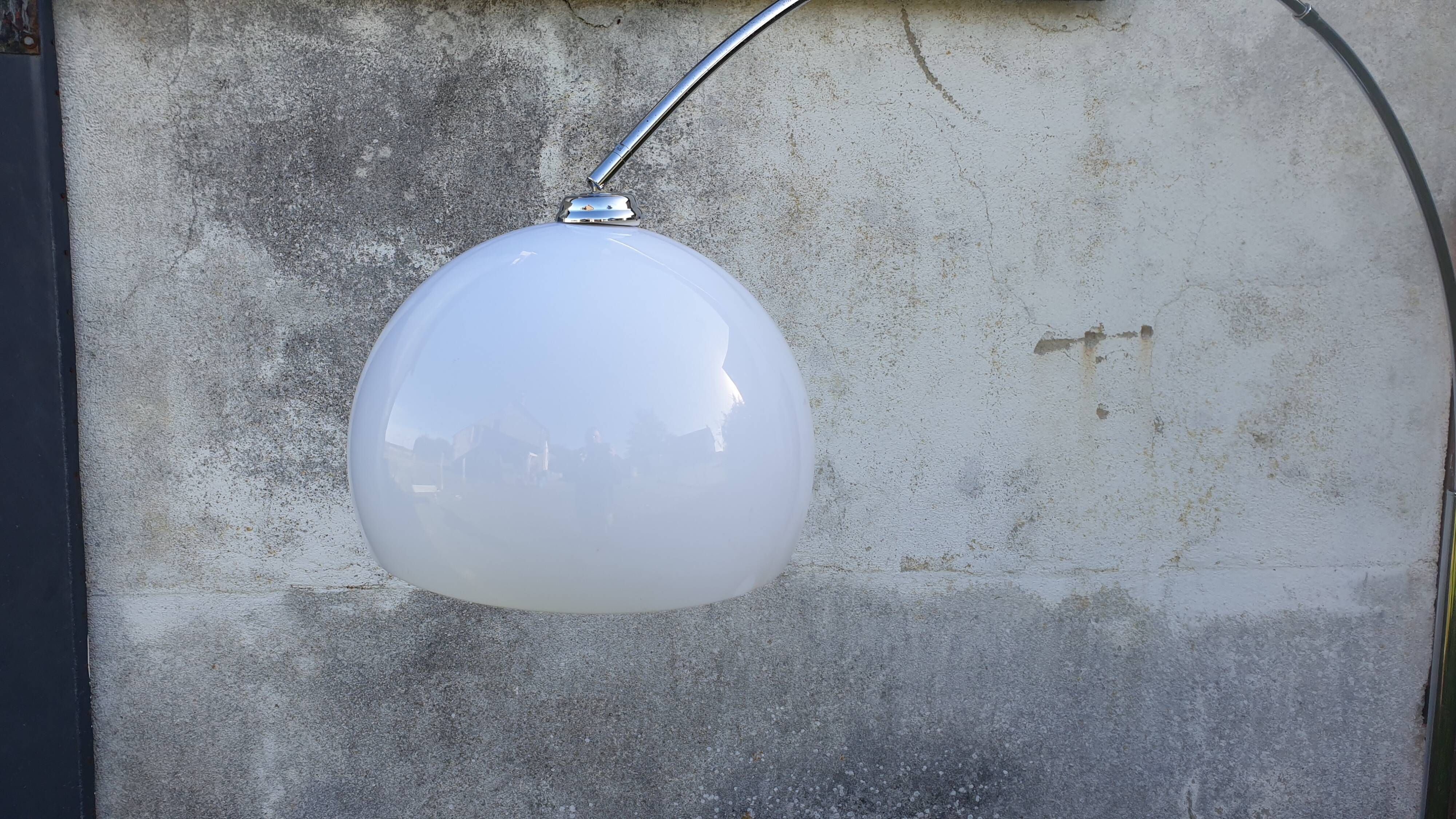 Chrome arc floor lamp with white globe, Space Age style from the 70s, BVH edition.