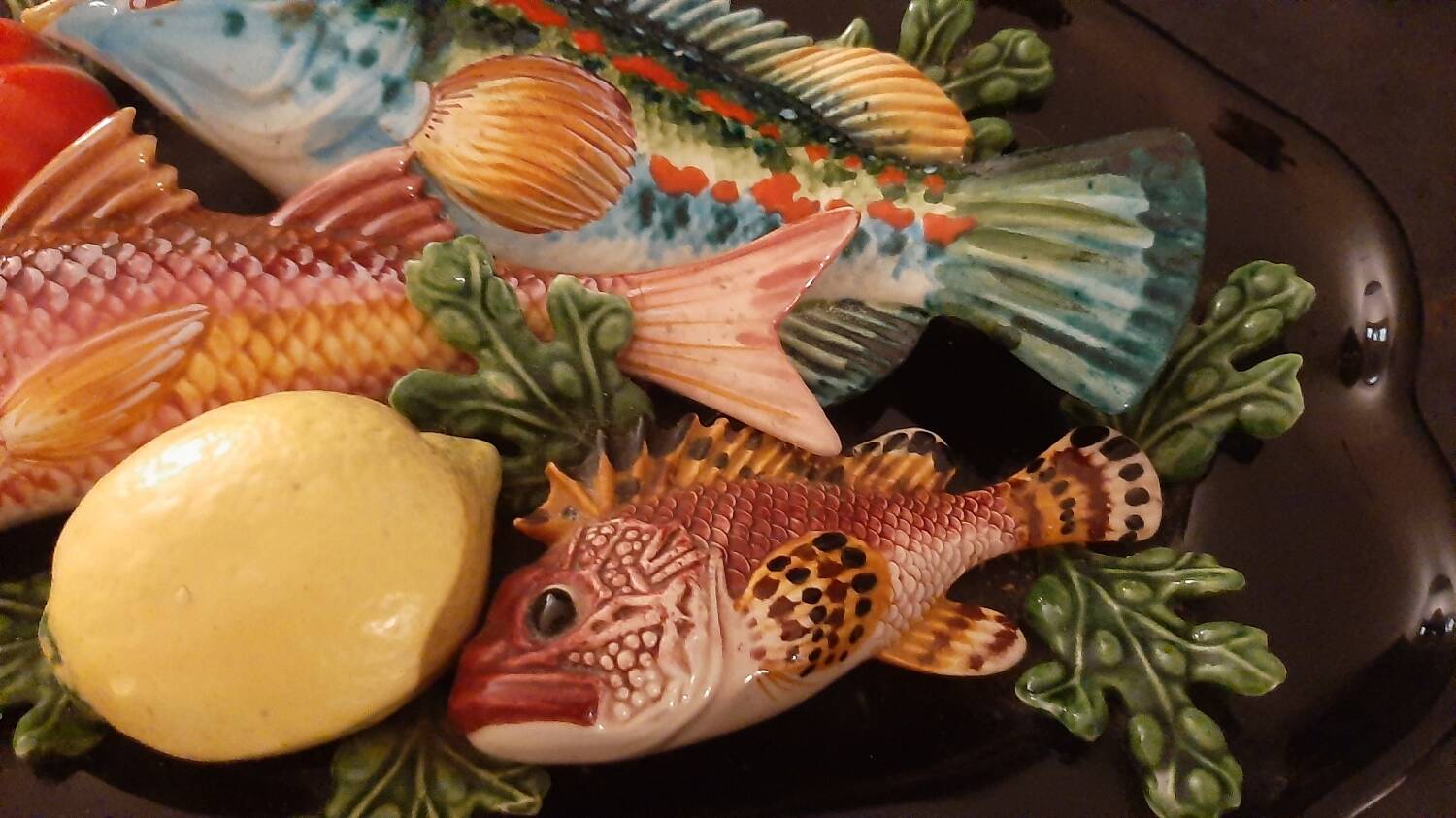 Ceramic dish slip trompe l'oeil fish tomato lemon algae