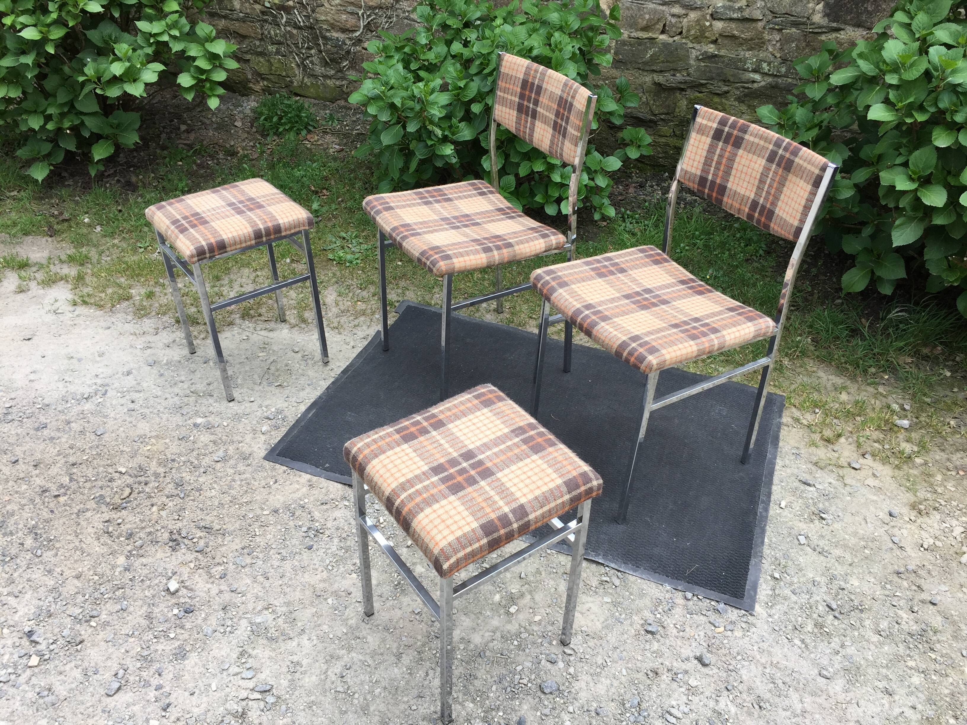 Vintage chairs and stools with chrome-plated square tubular metal base.