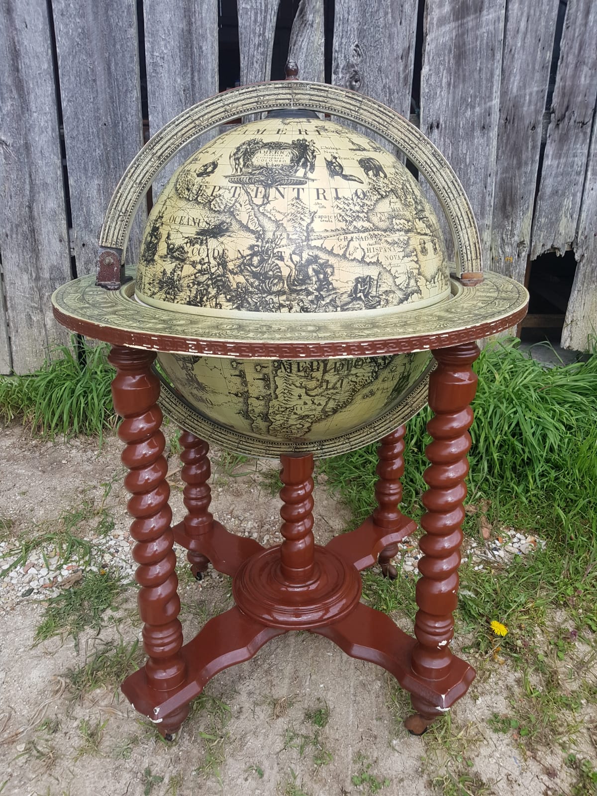 Former Bar Mappemonde Structure Wood Torsadé - Globe Metal Turning Vintage