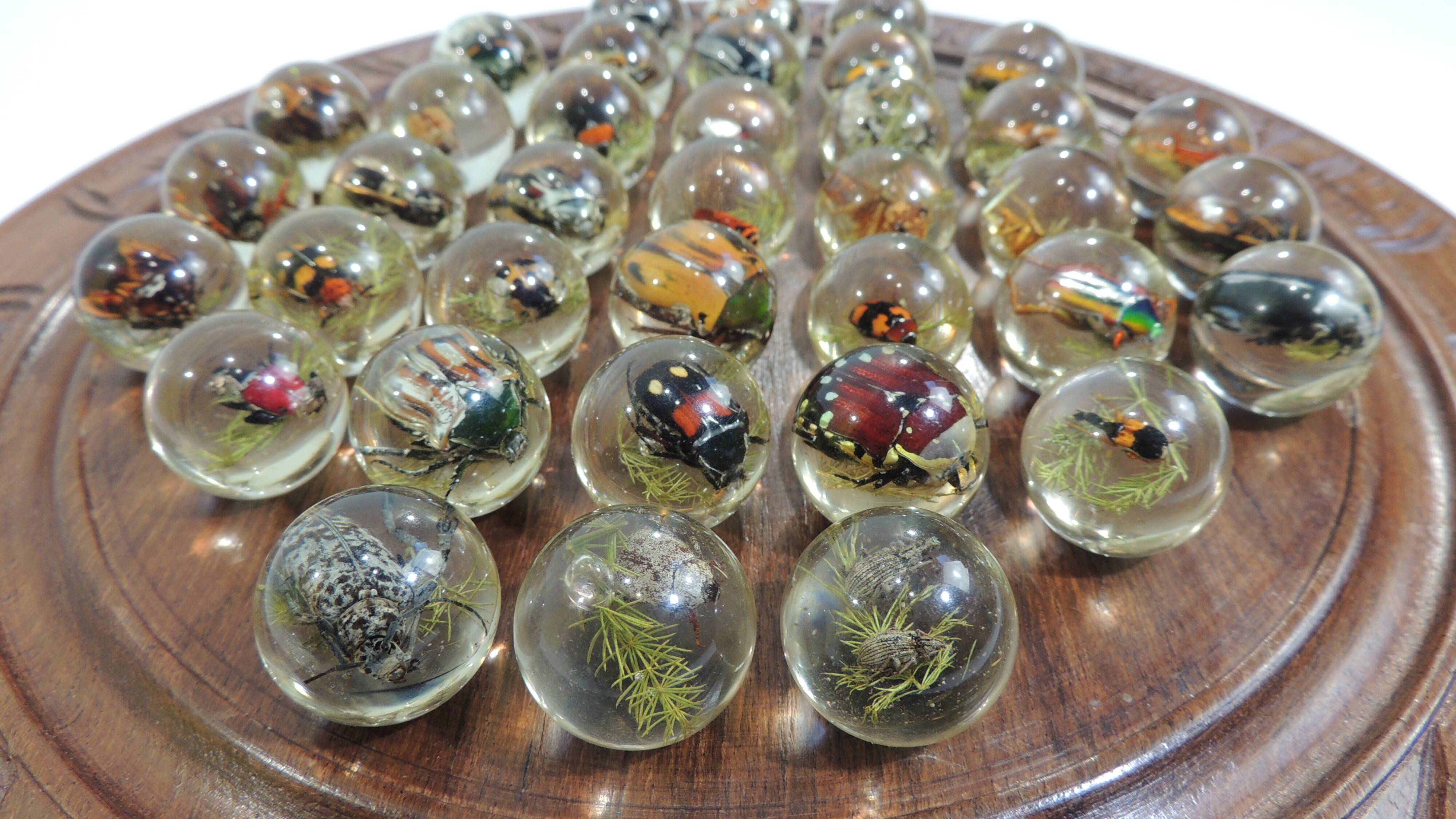 Vintage wooden carved solitaire game – Resin balls with insects –