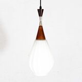 Scandinavian teak and opaline glass pendant lamp