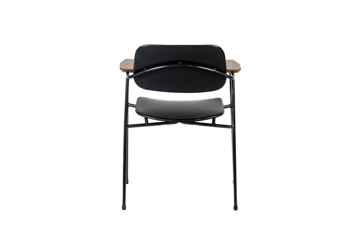 Paire de fauteuils en métal, chêne et cuir, années 1950