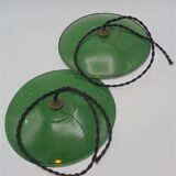 Trio of green enamelled sheet metal hanging lamps