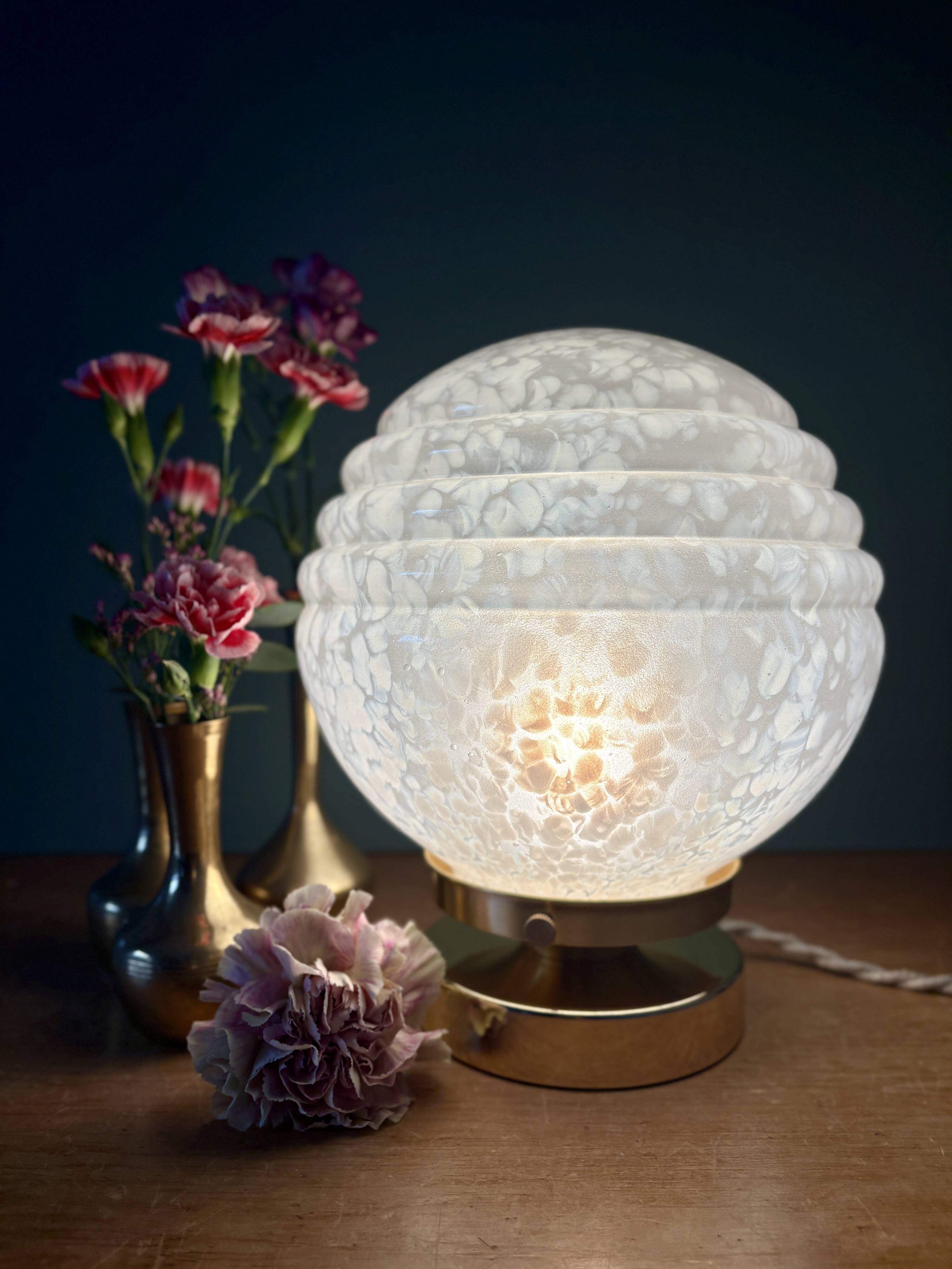 Vintage Art Deco globe table lamp in white Clichy glass