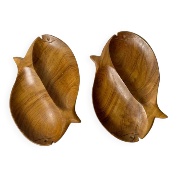 Lot de 2 bols/plats poissons en bois d’olivier artisanaux - MCM