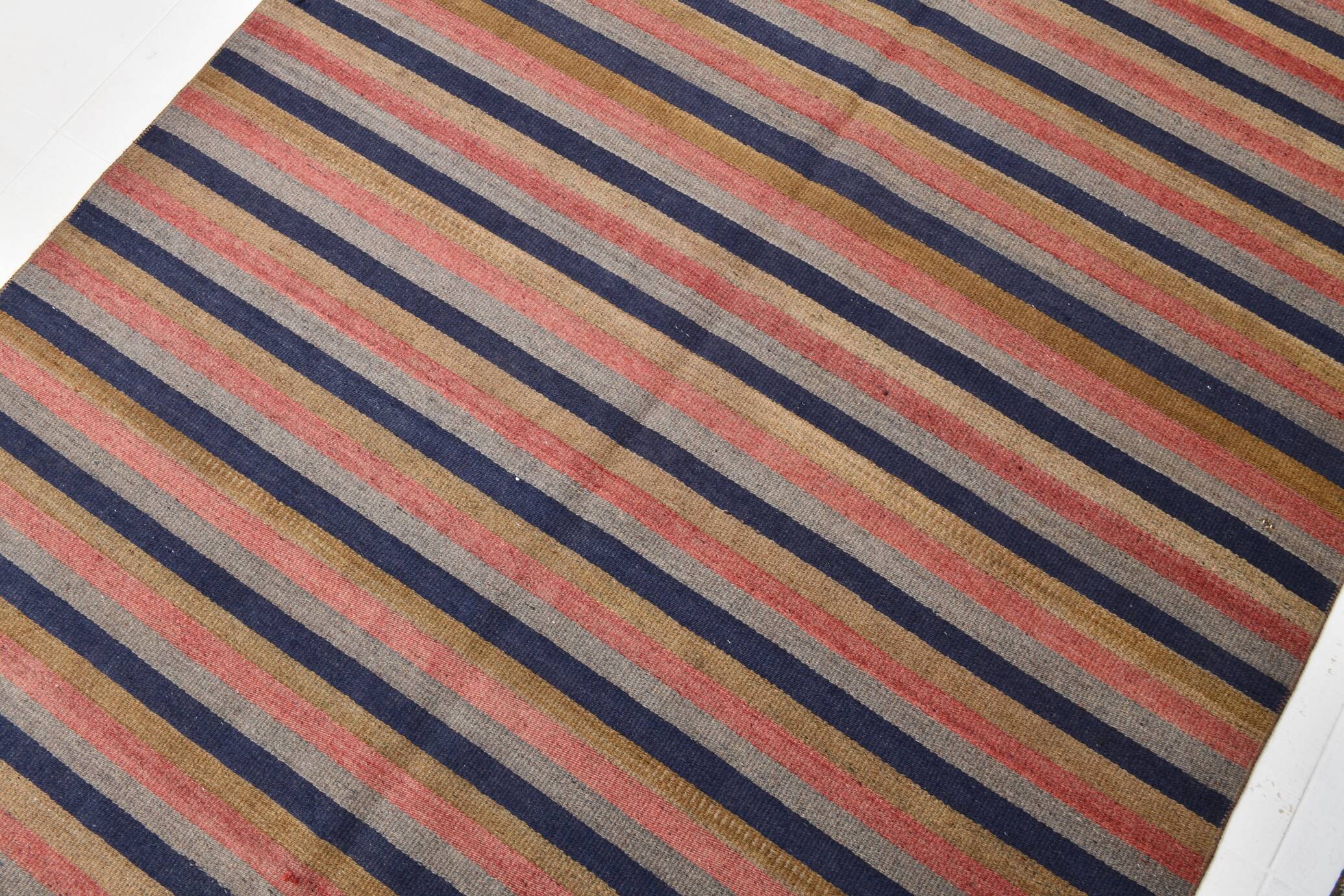 Navy Blue & Terracotta Hand Woven Turkish Striped Kilim Rug, 147x217 Cm